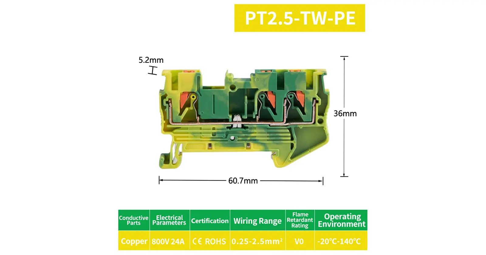 Grounding Twin Push In Earthing Din Rail Electric Terminal Blocks